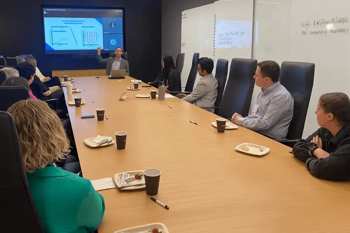 Jewish leaders across various Greater Boston workplaces gathering to learn best practices on Jewish employee resource groups (J-ERGs) from Oren Jacobson, executive director at Project Shema, in May 2024. (Photo- Molly Kazan)